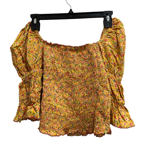 Antheaa NWOT Yellow and Pink Floral Pure Cotton Smocked Top with Puff Sleeves - Picture 7 of 7